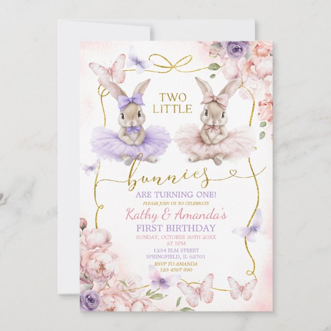 Convite Aniversário das Gémeas Borboleta Roxa Floral Rosa (Frente)