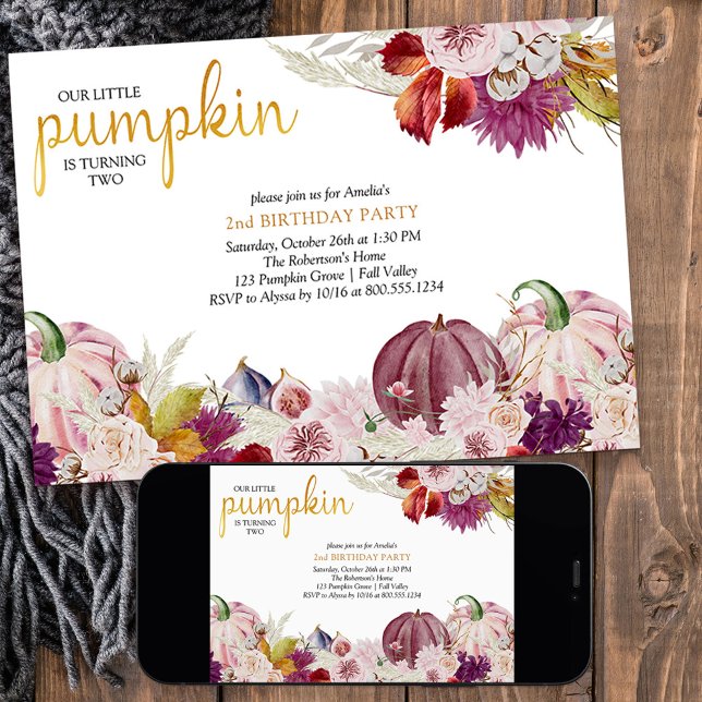 Convite Aniversário das Meninas Florais Rústicas da Pequen (Little Pumpkin girls birthday invitation with pink pumpkins from my Little Pumpkin collection)
