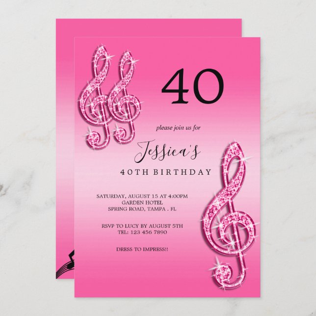 Convite Aniversário das Notas de Música Rosa Glitzy (Frente/Verso)