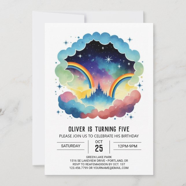 Convite Aniversário das Nuvens Simples Arco-Íris (Frente)