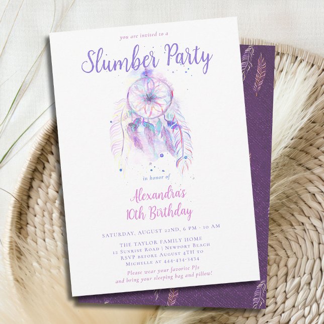 Convite Aniversário das Roxas do Sonho Capturador (girls slumber party invitation birthday pj sleep over dream catcher pink purple watercolor feathers )
