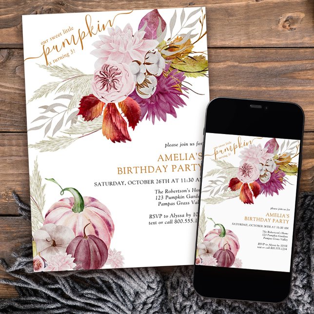 Convite Aniversário das Rústicas Raparigas Florais de Abób (Little Pumpkin Birthday invitation from my Little Pumpkin collection
)