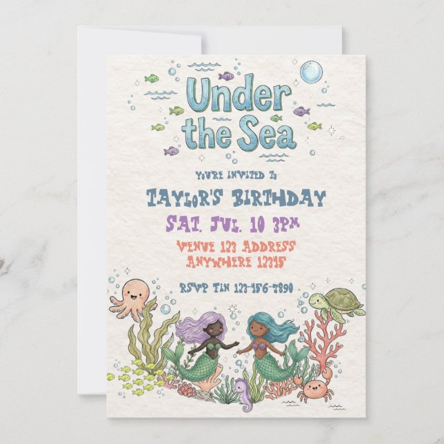Convite Aniversário das Sereias de Cor Sob o Mar (Frente)