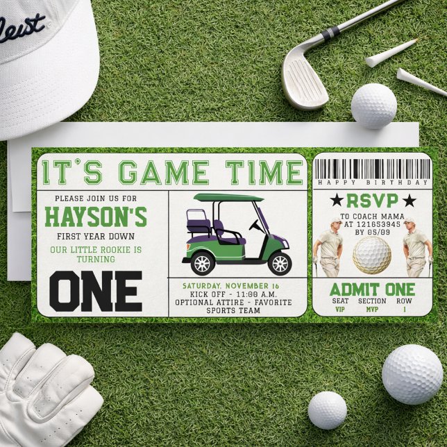 Convite Aniversário de 1º Ano com Ingresso de Golfe Year D (Year Down Golf Ticket 1st Birthday Invitation)