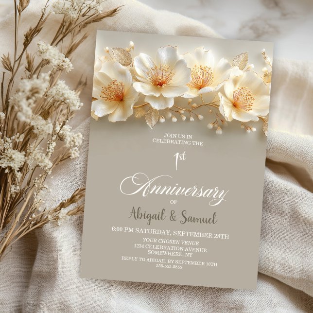 Convite Aniversário de 1º Casamento Floral Branco e Dourad (Criador carregado)