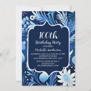 Convite Aniversário de 100 anos Azul Floral Poeira Azul-Ma