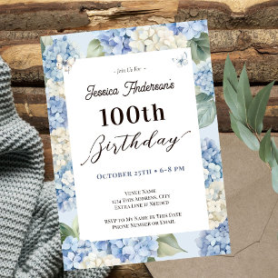 Convite Aniversário de 100 anos Blue Hydrangea Adult Garde