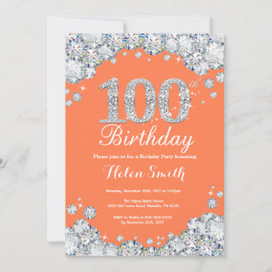 Convite Aniversário de 100 anos Coral Prata Diamante