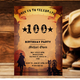 Convite aniversário de 100 anos cowboy velho papel cavalga