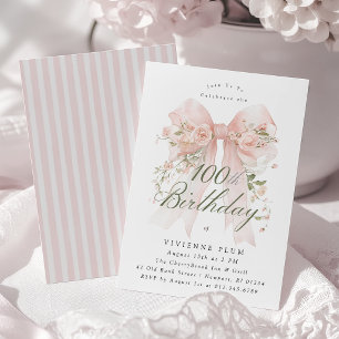 Convite Aniversário de 100 anos Elegante Aquarela Rosa Flo