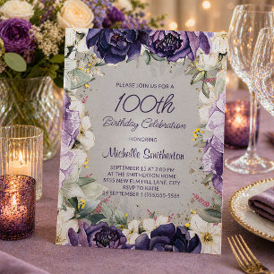 Convite Aniversário de 100 anos Elegante com Brilho Floral