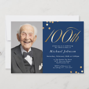 Convite Aniversário de 100 anos elegante em azul marinho e