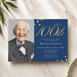 Convite Aniversário de 100 anos elegante em azul marinho e