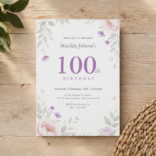 Convite Aniversário de 100 anos Elegante Floral Salvia Rox
