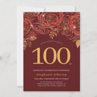 Convite Aniversário de 100 anos Floral Elegante Dourado Bo