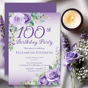 Convite Aniversário de 100 anos Floral Lavanda Roxa Elegan