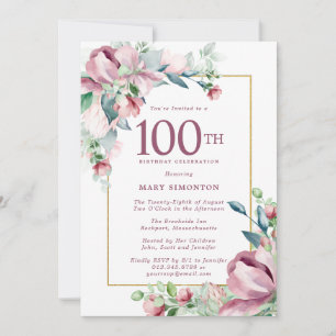 Convite Aniversário de 100 anos Floral Rosa Exquisita