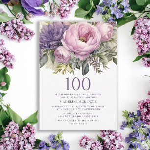 Convite Aniversário de 100 anos Floral Roxo Elegante