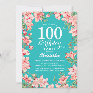 Convite Aniversário de 100 anos Fundo Rosa Floral Rosa