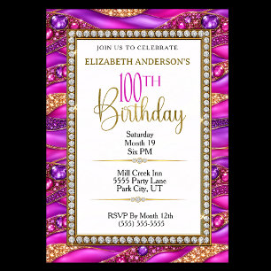Convite Aniversário de 100 anos Glam Pink Gold Jeweled Str