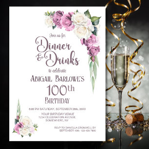 Convite Aniversário de 100 anos Jantar e Drinks Floral Bra