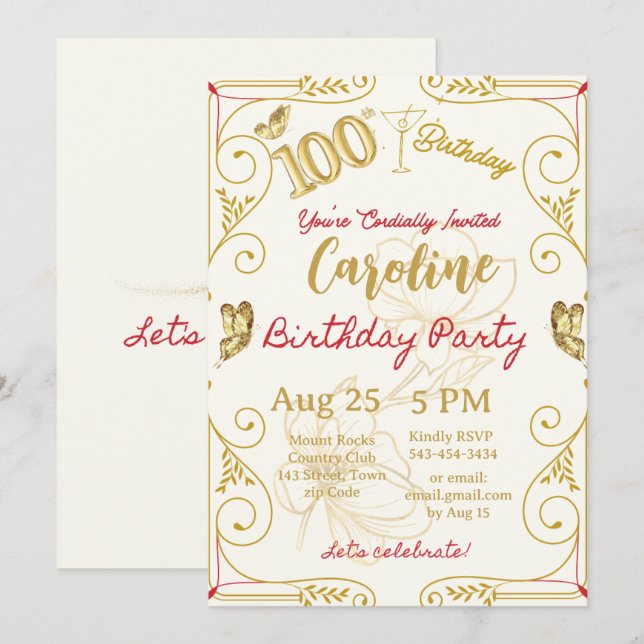 Convite Aniversário de 100 anos Marco Elegante (Frente/Verso)