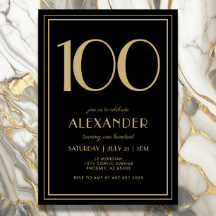Convite Aniversário de 100 anos Preto e Dourado Moderno Mi