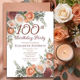 Convite Aniversário de 100 anos Rosa Floral Terracota Rust