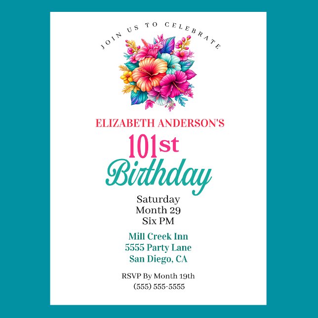 Convite Aniversário de 101 anos com Flores Tropicais (Tropical Flowers 101st Birthday Invitation For Women.)