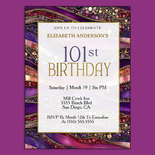 Convite Aniversário de 101 anos em Purple Gold Moderno com