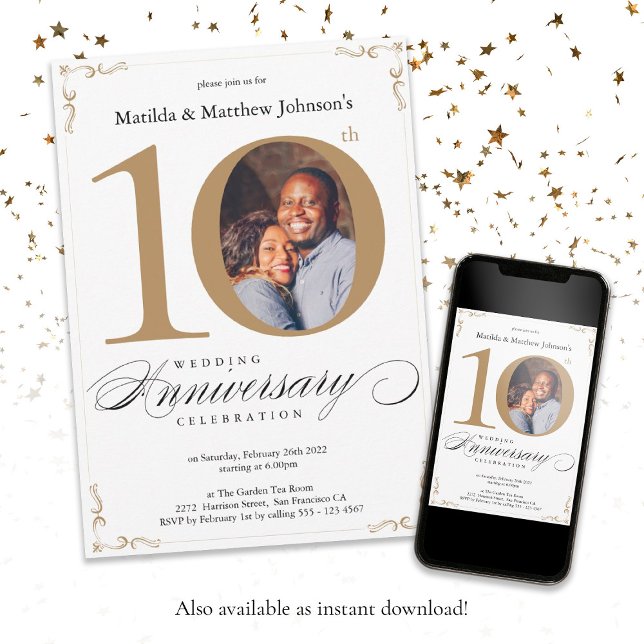 Convite Aniversário de 10 anos de Casamento com Caligrafia (10th Wedding Anniversary White Gold Calligraphy Invitation)