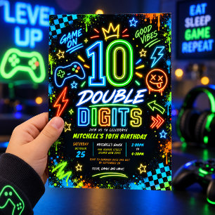 Convite Aniversário de 10 anos do menino Neon Video Game D