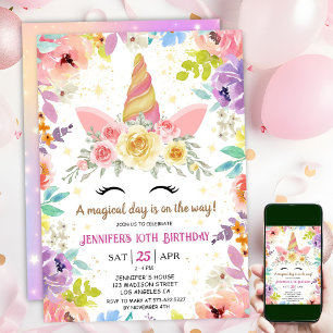 Convite Aniversário de 10 anos do Unicórnio Colorido Flora