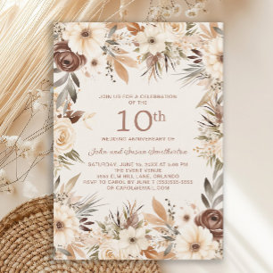 Convite Aniversário de 10 anos Floral Aquarela Creme Marro