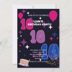 Convite Aniversário de 10 anos Vibrante Confetes Rosa Az