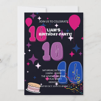 Convite Aniversário de 10 anos Vibrante | Confetes Rosa Az