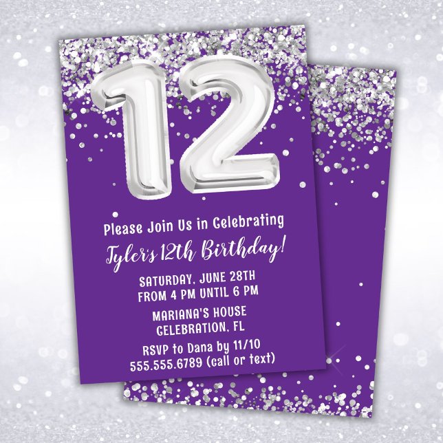 Convite Aniversário de 12 anos Roxo e Prata (Criador carregado)