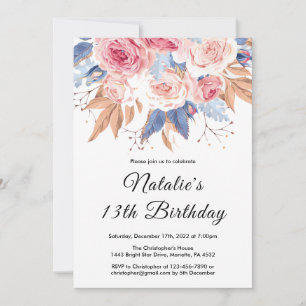 Convite Aniversário de 13 anos Aquarela Botânica Floral Fl