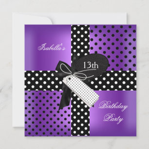 Convite Aniversário de 13 anos Bolinhas Roxo Preto Branco 