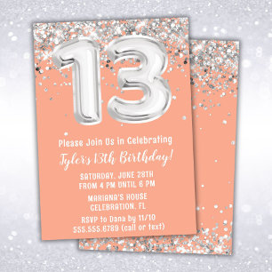 Convite Aniversário de 13 anos de Peach e prata