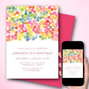 Convite Aniversário de 13 anos Pontos de Aquarela Moderna 