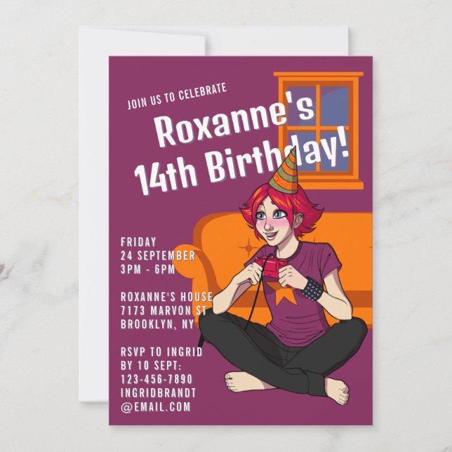 Convite Aniversário de 14 de Garota Roxa de Animes Jogador (Frente)
