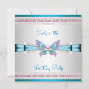 Convite Aniversário de 15 anos Borboleta Azul Teal Rosa Br
