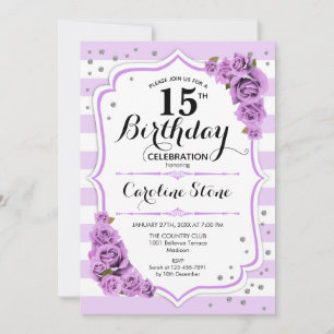 Convite Aniversário de 15 - Flores Lavandas Púrpuras Branc