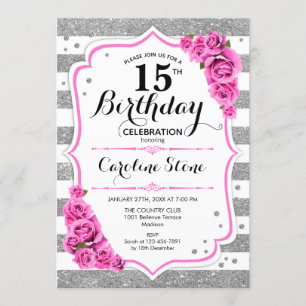 Convite Aniversário de 15 - Rosas Rosa-Rosa-Stripes Branca