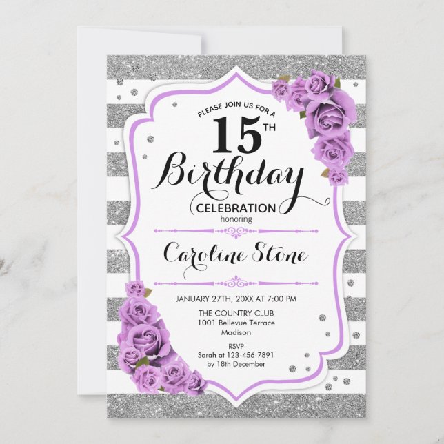 Convite Aniversário de 15 - Rosas roxas com tiras brancas  (Frente)