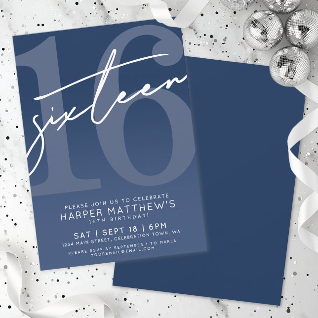 Convite Aniversário de 16 Anos Azul (Sixteen Blue 16th Birthday Invitation)