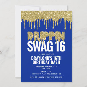 Convite Aniversário de 16 anos Blue and Gold Drippin Swag