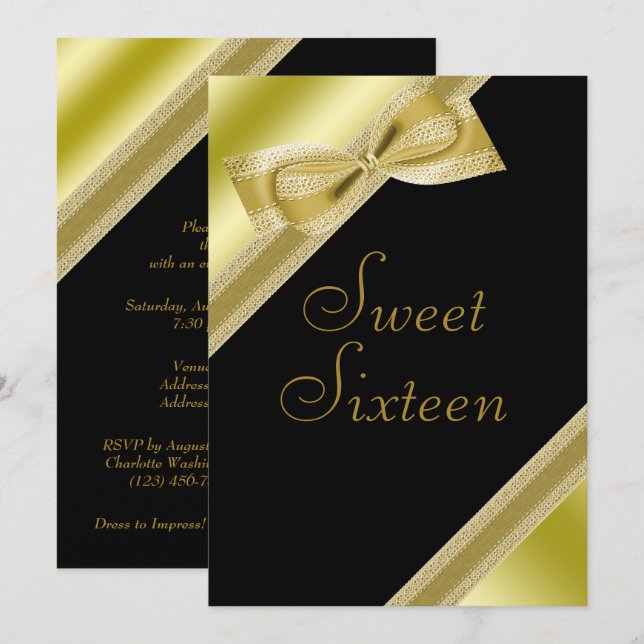 Convite Aniversário de 16 anos Classy Faux Bow & Ribbon (Frente/Verso)
