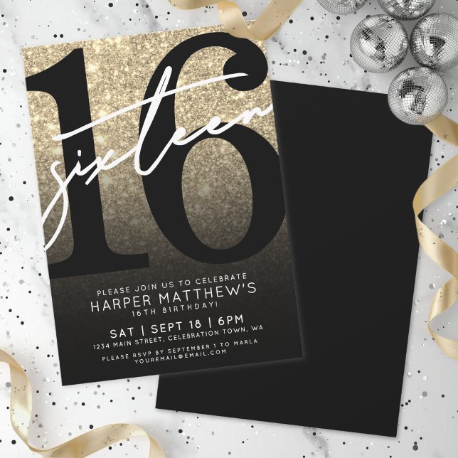 Convite Aniversário de 16 anos com Brilho Dourado (Gold Glitter 16th Birthday Invitation )